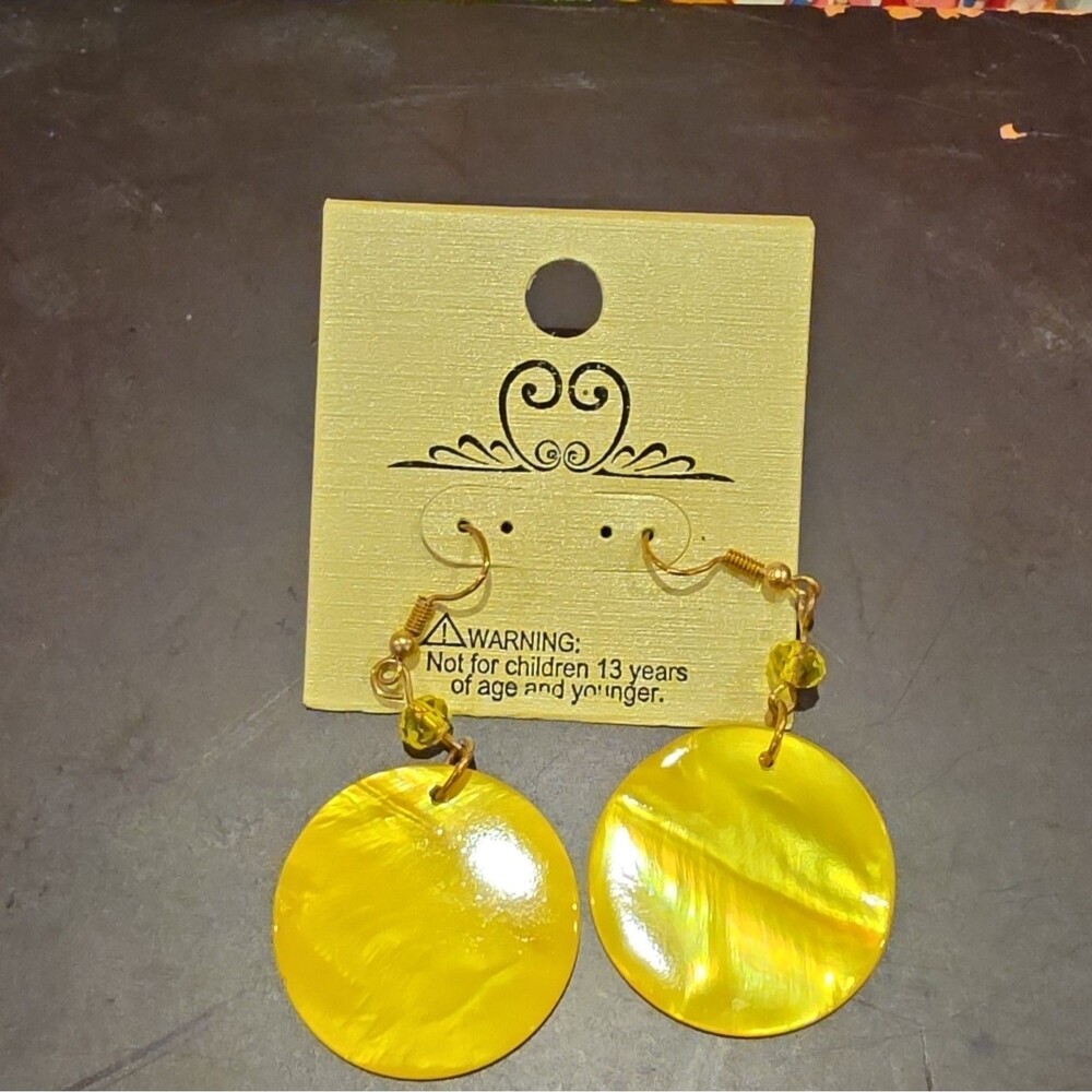 Yellow Round Acrylic Dangle/Drop Hook Earrings for Lobe, No Stone